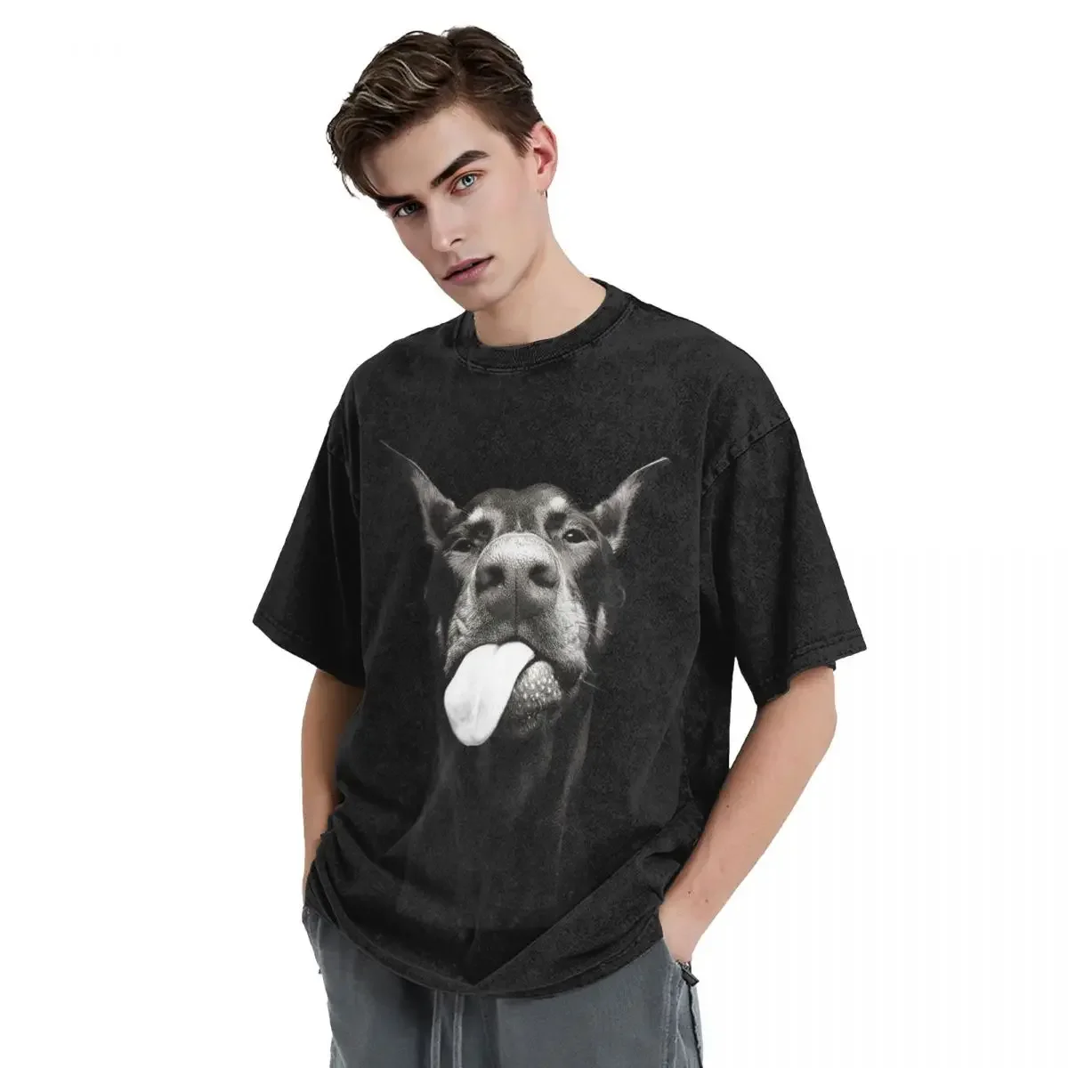 Washed T Shirts Gothic Letter Dog Dobermann Hip Hop Vintage T-Shirts Harajuku Punk Gothic 100% Cotton Graphic Tops Tee Shirt image 4