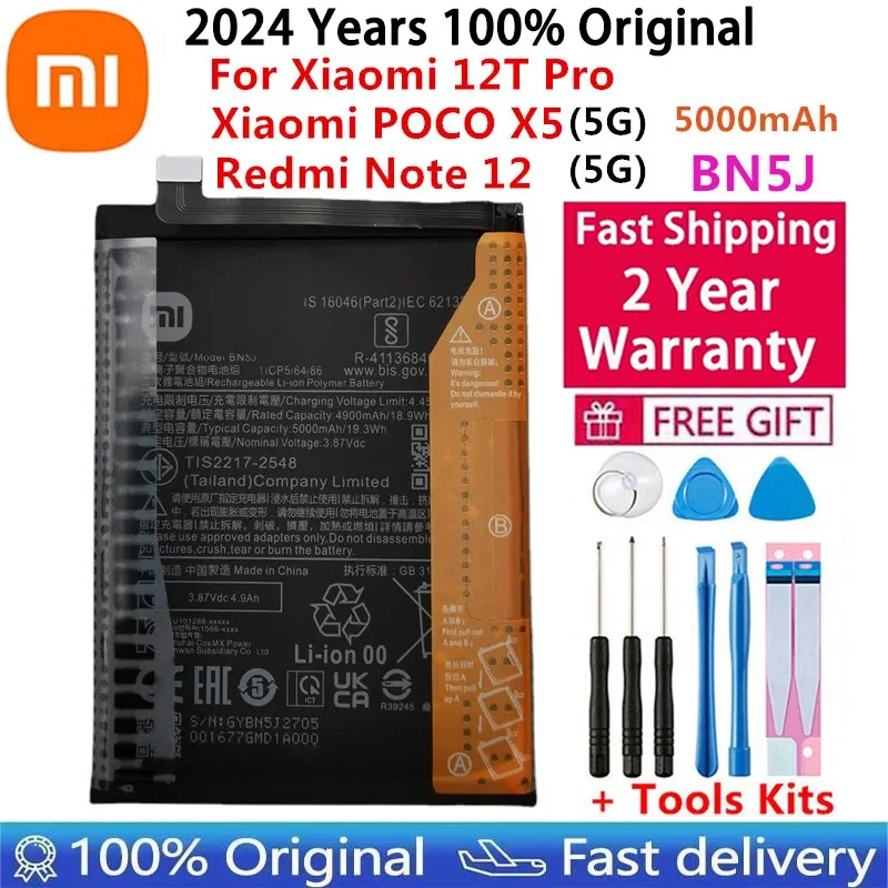 2024 Years 100% Original Battery 5000mAh BN5J For Xiaomi Redmi Note 12 5G / 12T Pro / POCO X5 5G Mobile Phone Batteries Bateria