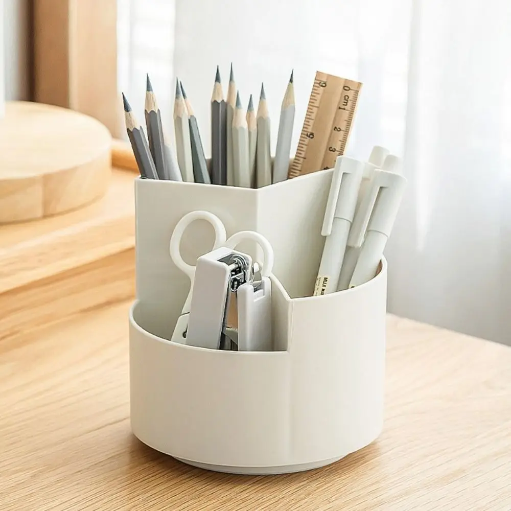 Stationery Organizer 360° Rotating Pen Holder Storage Box 3-Grid Makeup Brush Holder Dust-proof Waterproof Rotatable Pen Holder