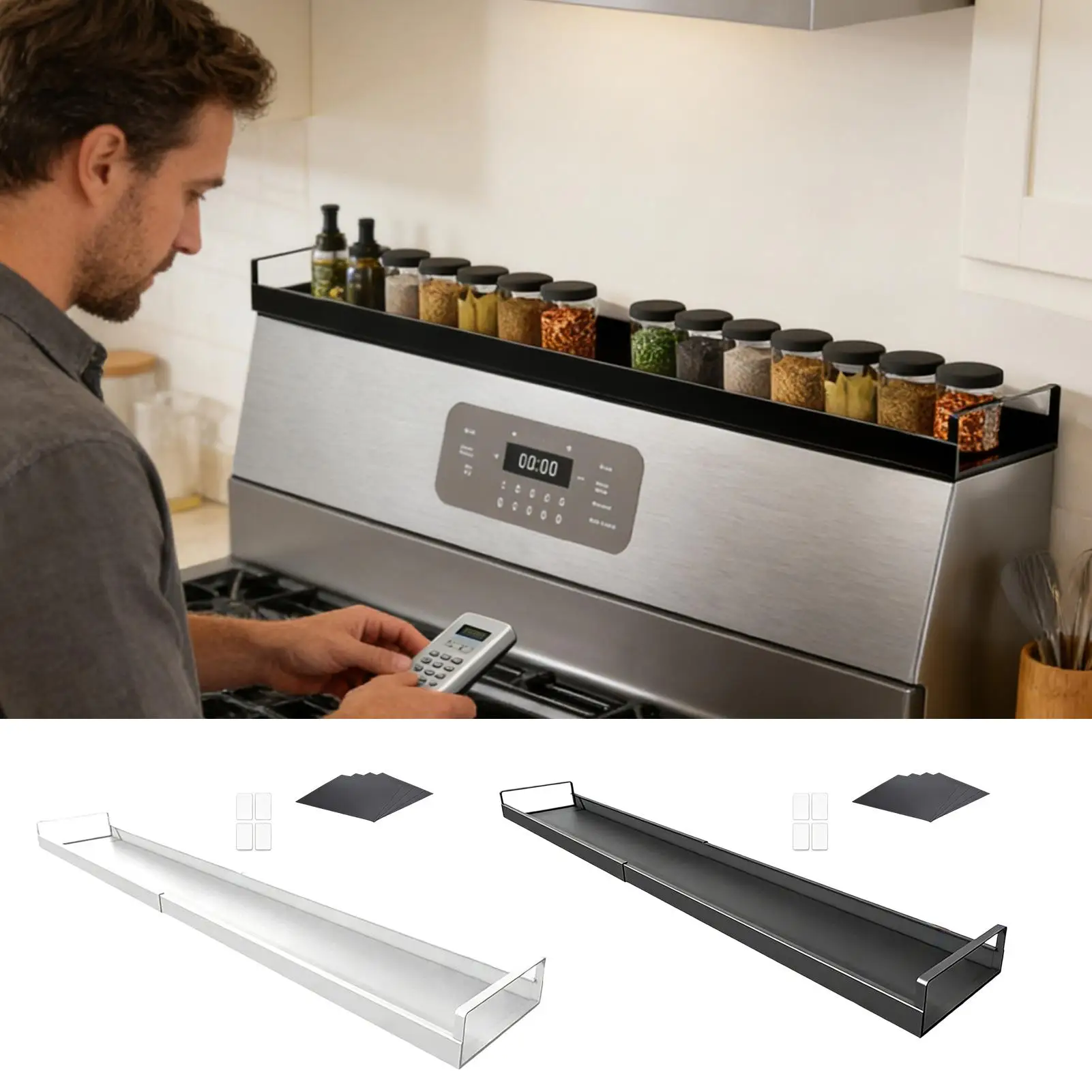 Stove Back Shelf Space Saving Magnetic Extendable Behind The Oven Shelf Seasoning Organizer For Seasoning Oil Bottles Utensils