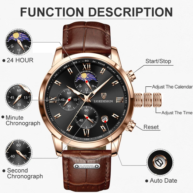 LIGE New Casual Men Watch Luxury Leather Waterproof Sport Quartz Wristwatch Chronograph Military Watch for Men Relogio Masculino image 4