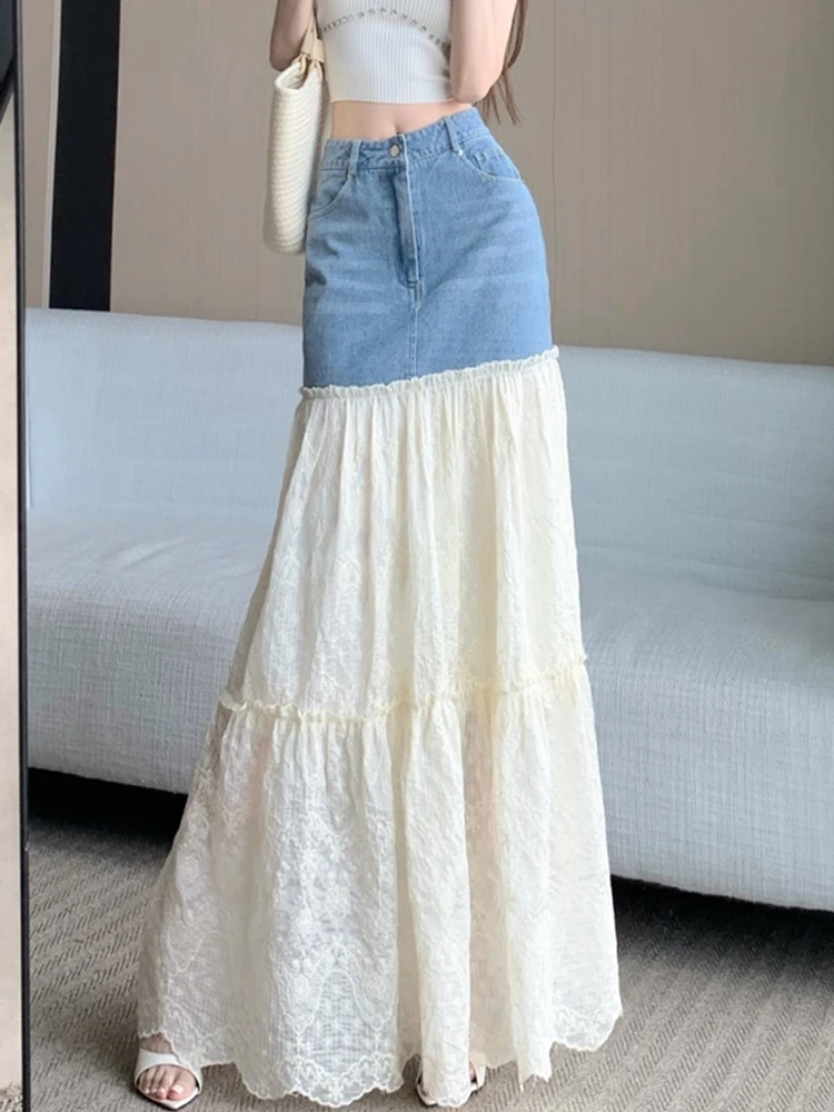 Women's Fashion Design Sense New Summer Lace Denim Splicing Skirt High Waist A-Line Falling Sensation Elegant Long Skirt