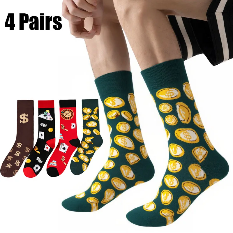 4 pares de calcetines divertidos y felices para hombre, calcetines informales de póker en dólares, calcetines informales de poliéster para mujer, calcetines de punto novedosos, calcetines para monopatín, talla 36-44