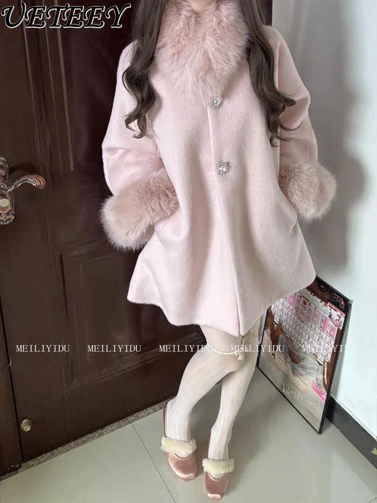 Oversize Rosa Pelz Kragen Woolen Mantel frauen Winter High-end-Temperament Langarm einreiher Lose Mid-länge Jacke