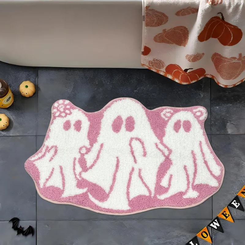 VIKAMA Pink Cute Three Ghost Tufted Plush Bath Carpet Quick Dry Anti Slip Washable Kawaii Halloween Shower Entrance Mat