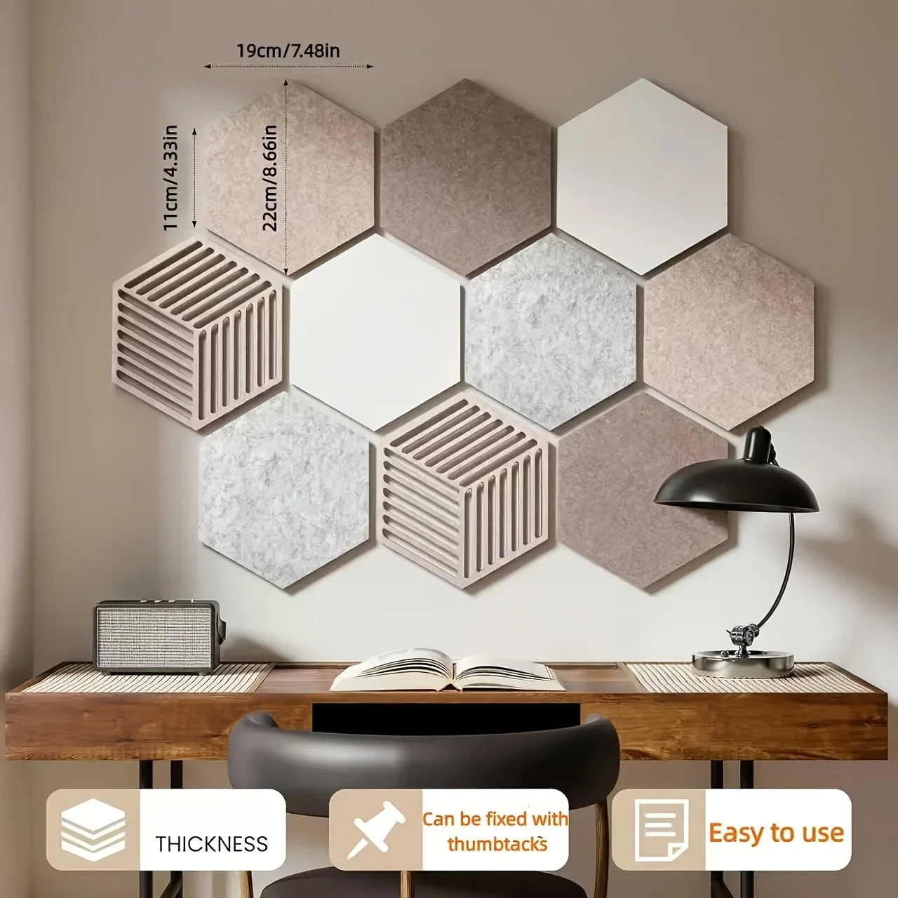 10pcs DIY Hexagon Felt Wall Tiles, Self-Adhesive Bulletin Board & Decorative Pin Board Stickers for Home Office Decor