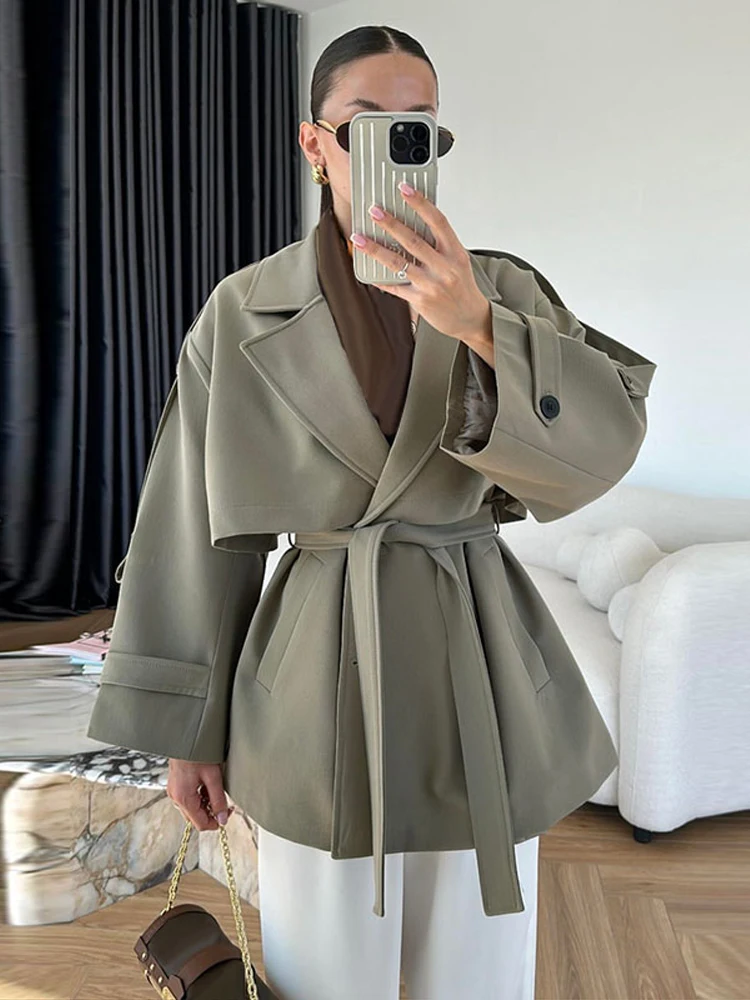 

Fashion Trench Coat With Belt Women's Solid Turn-down Collar Full Sleeve Overcoat 2025 Autumn Winter New Ladies Slim Streetwear