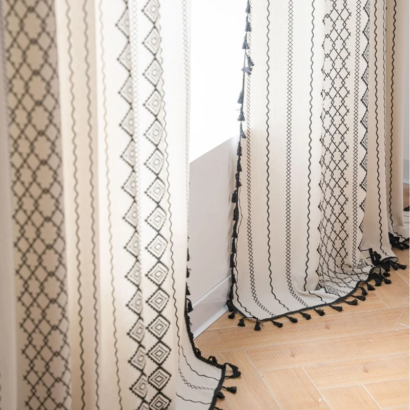 Curtains for Living Room Finished Cotton Linen Kitchen Curtains Bohemian Style Black and White Print Bay Window Valance