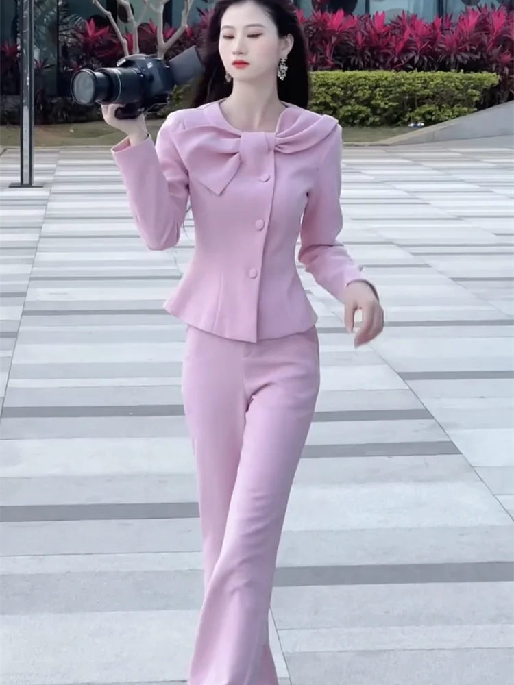 

High end temperament two-piece set autumn new women design sense bow single breasted suit jacket+straight leg pants set