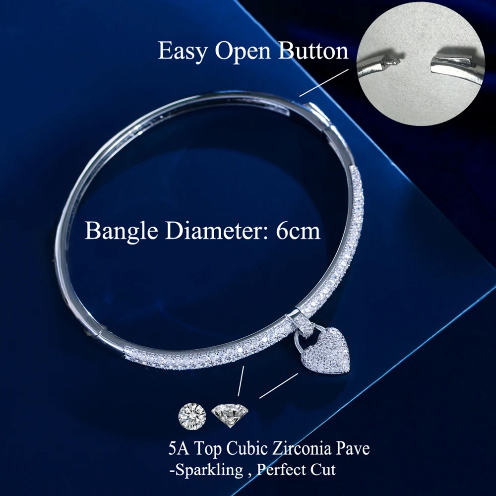 BeaQueen Luxurious Cubic Zirconia Micro Pave Bracelet Bangles with Love Heart Pendant for Women Engagement Party Jewelry SZ0073