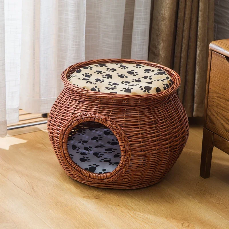 Manual Rattan Cat House - Natural Wicker Weaving Cat Nest, Durable Cat Bed with Thick Mat, Comfortable Pet House