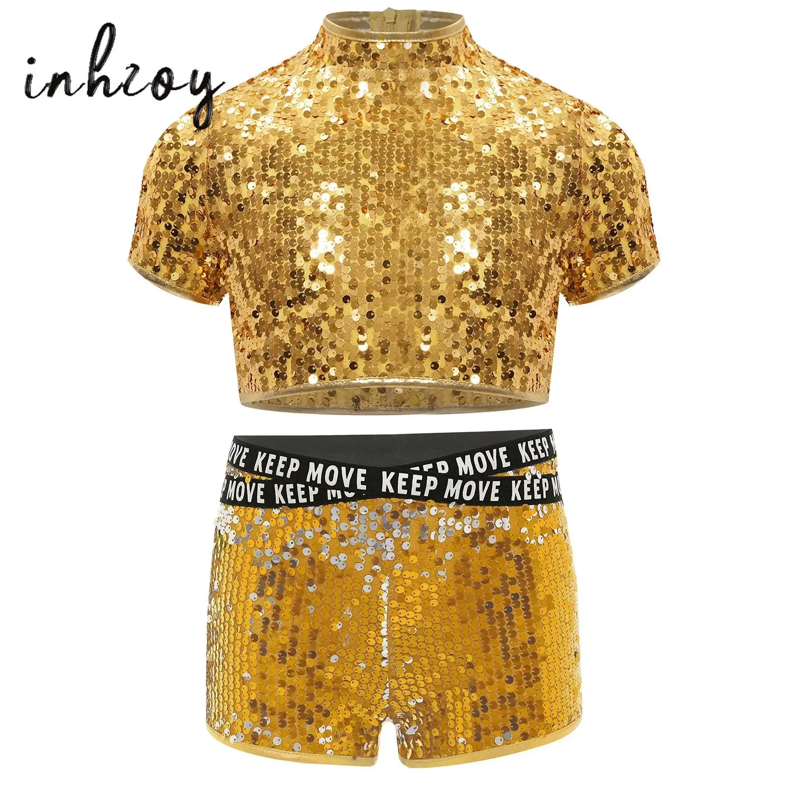 

2Pcs Kids Girls Hip-hop Jazz Dance Costume Mock Neck Short Sleeve Sparkly Sequins Crop Top+Booty Shorts Cheerleading Streetwear