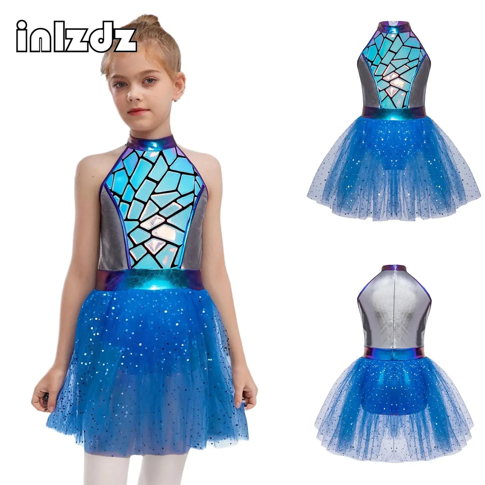 

Girls Alien Dress Astronaut Cosplay Costume Sequins Adorned Shiny Metallic Halter Sleeveless Mesh Tutu Dress for Halloween Party