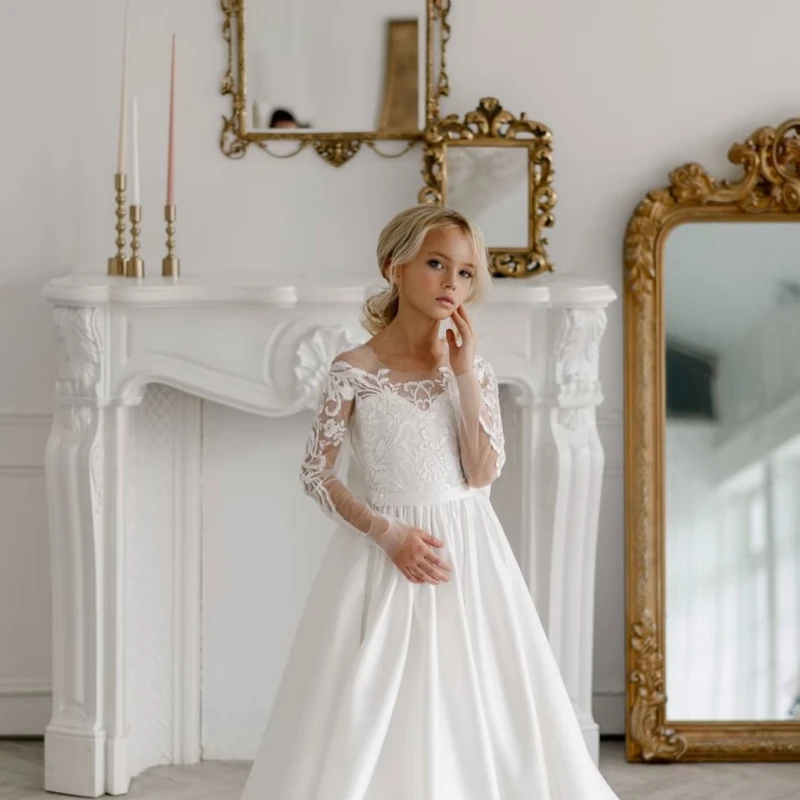 Robes de demoiselle d'honneur blanches en satin, appliques à motifs blancs avec nœud, manches longues pour mariage, fête d'anniversaire, première communion, quoi que ce soit