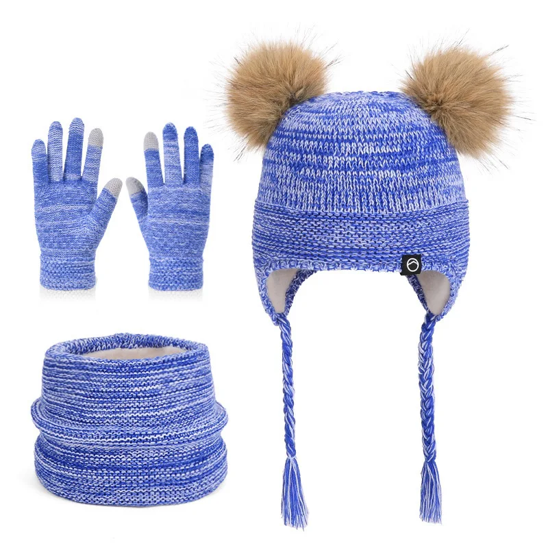الشتاء بوم بوم الأطفال القبعات مجموعة محبوك يندبروف الفتيات الفتيان قبعات قفازات وشاح الصوف الدافئة في الهواء الطلق قبعات للأطفال القفازات
