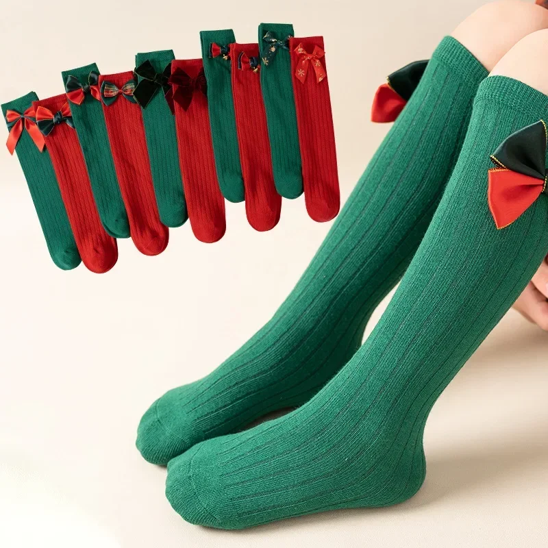 Red/Green Girls Christmas Tube Socks Autumn Winter Solid Kids Knee High Socks Big Bow Soft Toddlers Princess New Years Long Sock