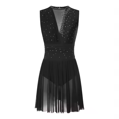 Women Ruched Ballet Lyrical Dancing Dress Round Collar Sleeveless Rhinestone Backless Dress for Stage Performance Competition - Image 12