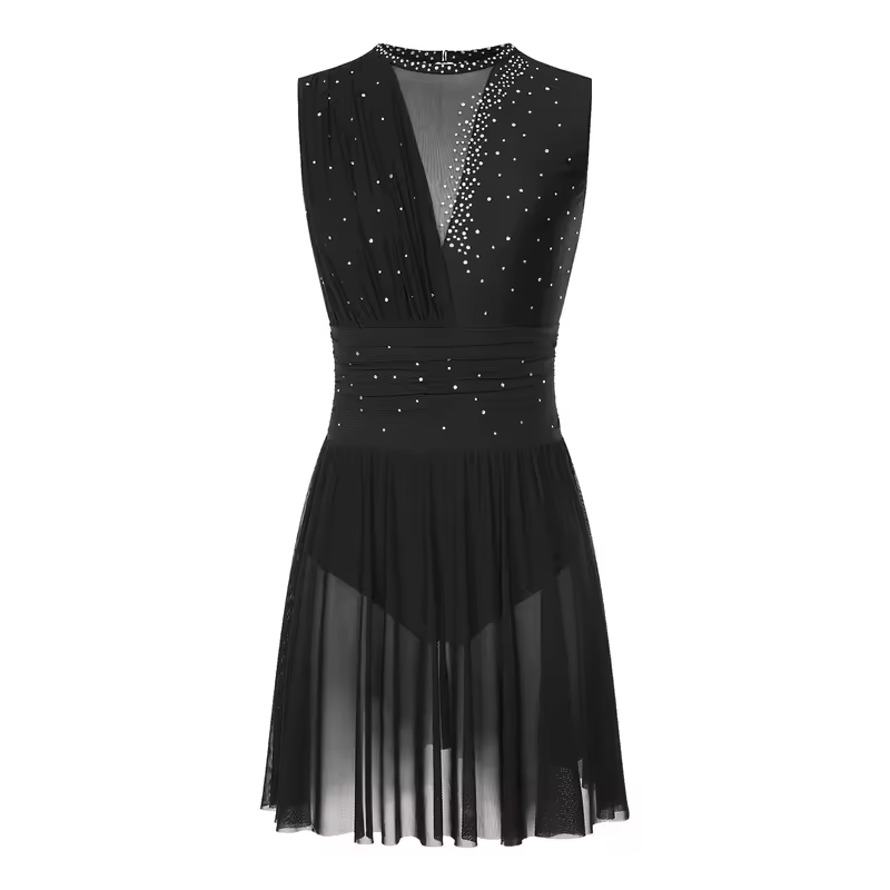 Women Ruched Ballet Lyrical Dancing Dress Round Collar Sleeveless Rhinestone Backless Dress for Stage Performance Competition - Image 12
