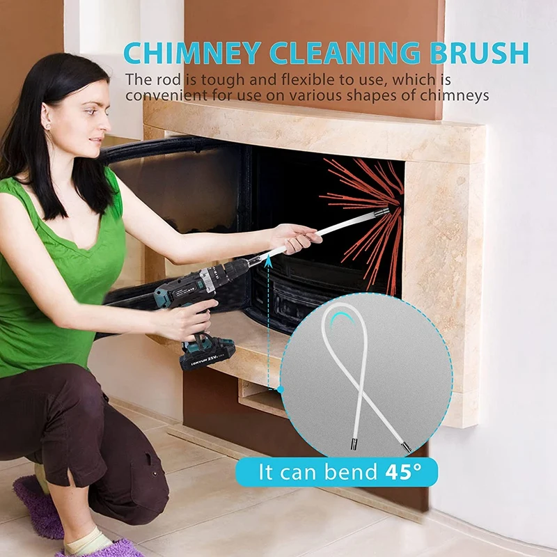 Chimney  Cleaning Brush Tool Kit And 8 Flexible Rods Snap Locking 45 Degree Angle By Drill For Fireplace Flue Home