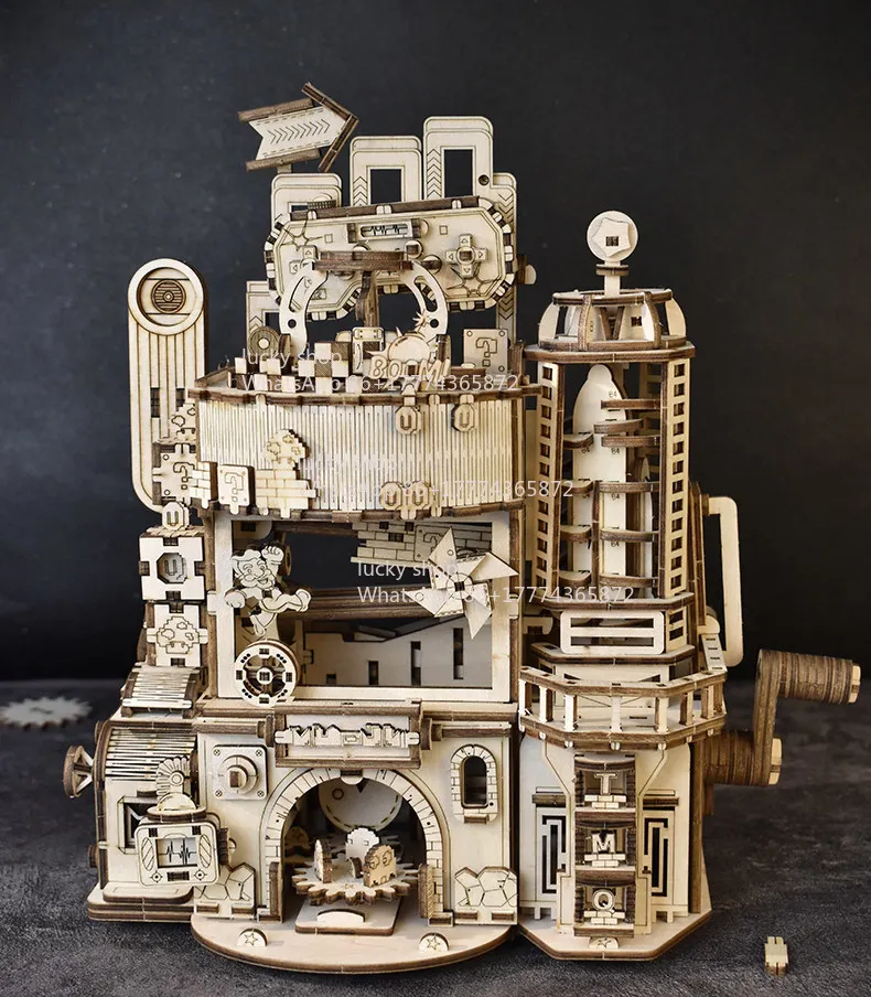 

High Challenge Wooden Mechanical Castle Model, Creative Hand Assembled Desktop Decoration