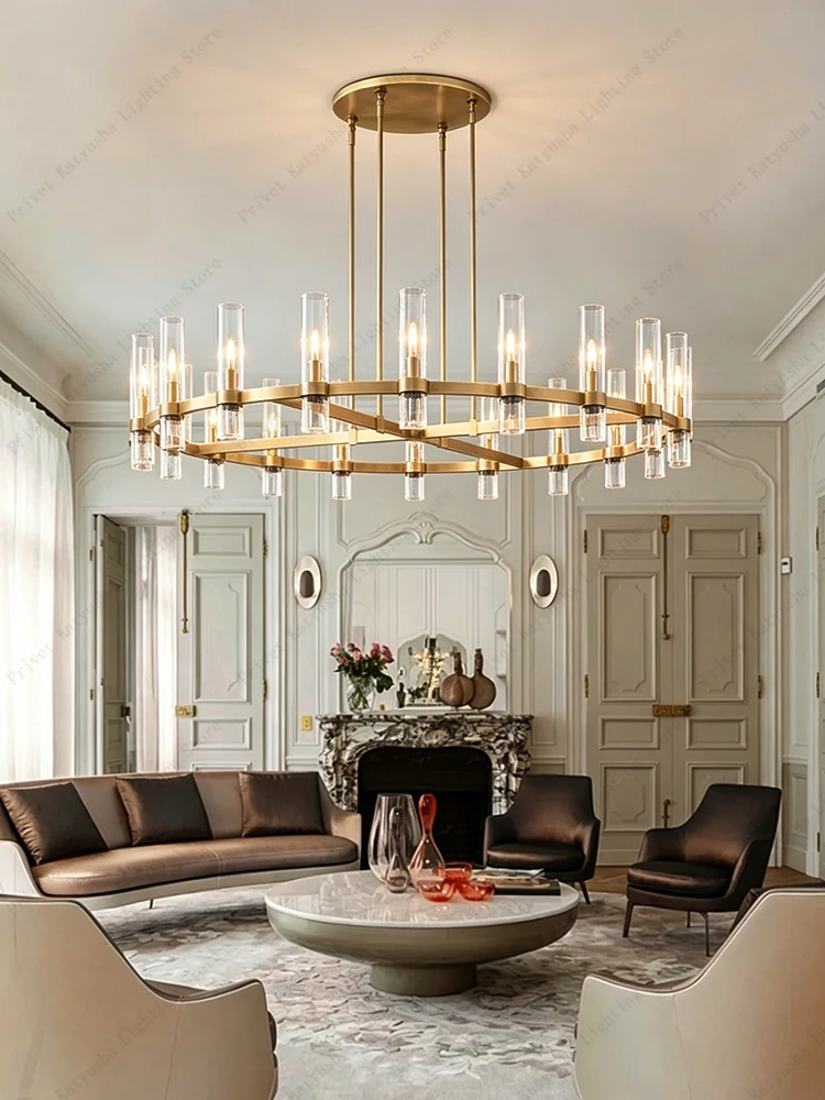 Modern Brass Color Round Chandelier Clear Glass Cylinder 24 Lights E14 Gold Suspension Hanging Lamp for Living Room Dining Room
