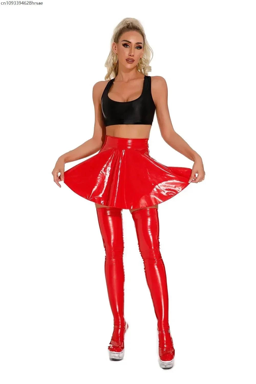 

Women Shiny Wet Look PVC Leather Skirt Pleated Short Dress Dance Party Clubwear Solid A-line Lingerie Seduction Erotic Nightwear