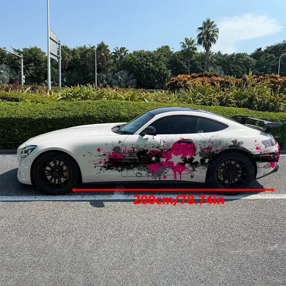 2pcs Pink & Black Star Graffiti Car Side Wraps, Self-Adhesive PVC Waterproof & Scratch-Resistant Stickers, Car Accessory Gift