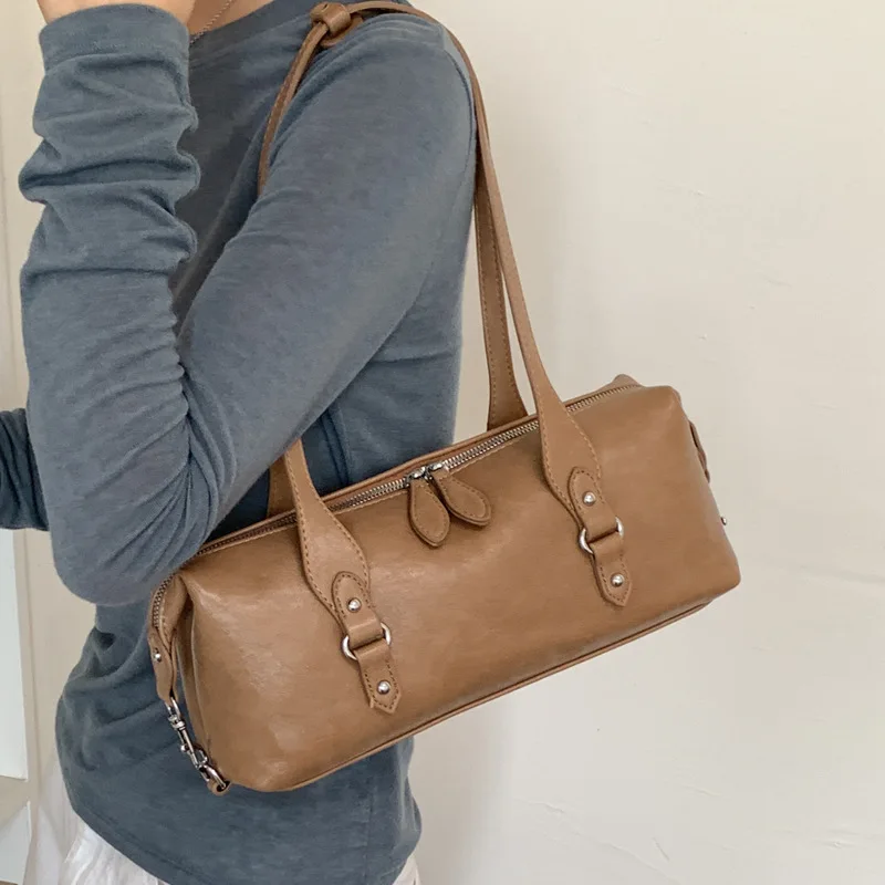 Vintage Cylinder Barrel Bag Soft PU Leather Top Handle Purse with Metal Buckle Decor Retro Shoulder Handbag for Women Work