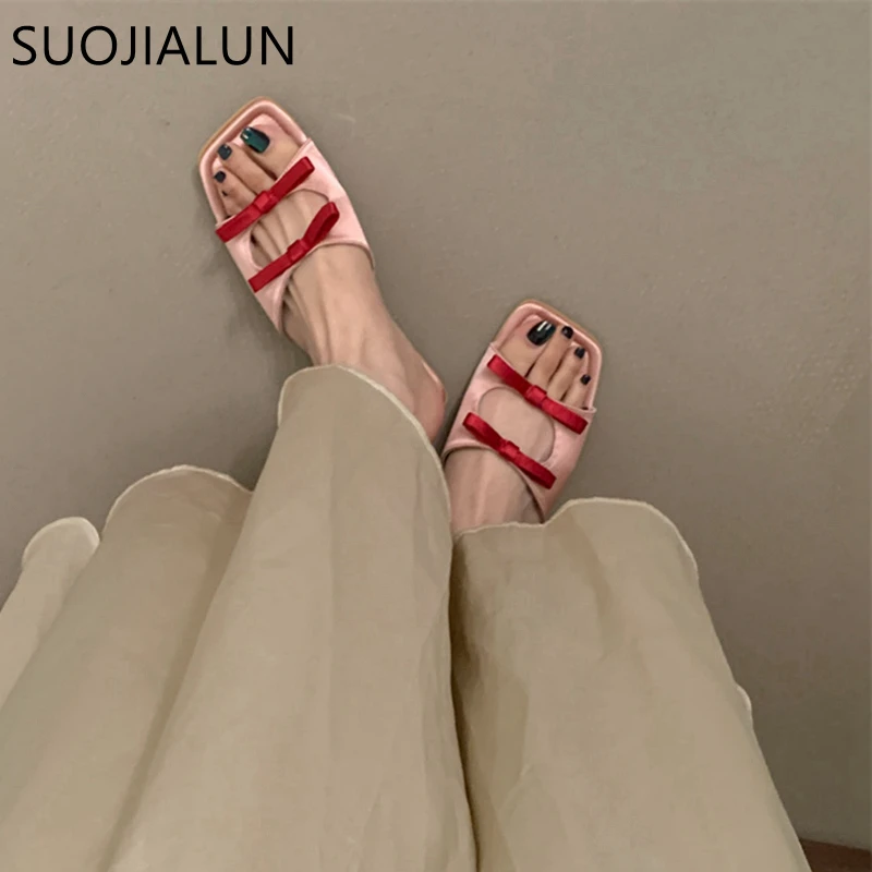 SUOJIALUN 2024 Summer New Brand Women Slipper Fashion Bow-knot Slip On Ladies Elegant Slides Soft Flat Heel Dress Sandal Shoes