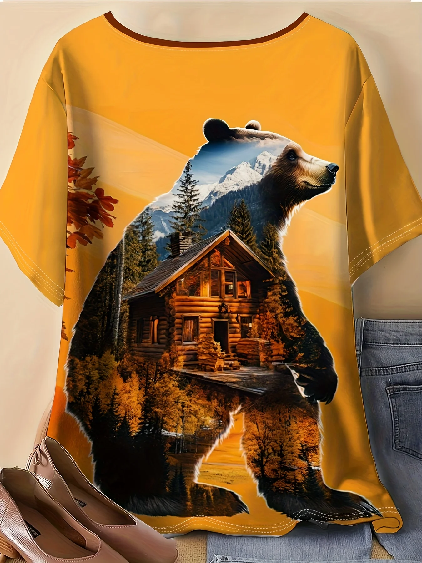 Women Round Neck Short Sleeve T-shirt Bear Double Exposure Forest Cabin Scenery Print Summer Casual Tee