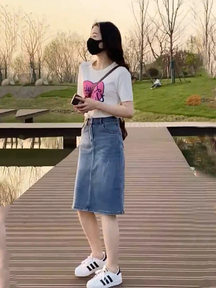 Summer Fashion Set Small Fragrance Style Casual Short Sleeve T-Shirt Denim  Skirt Two-Piece Set Slimming Effect Shoulder