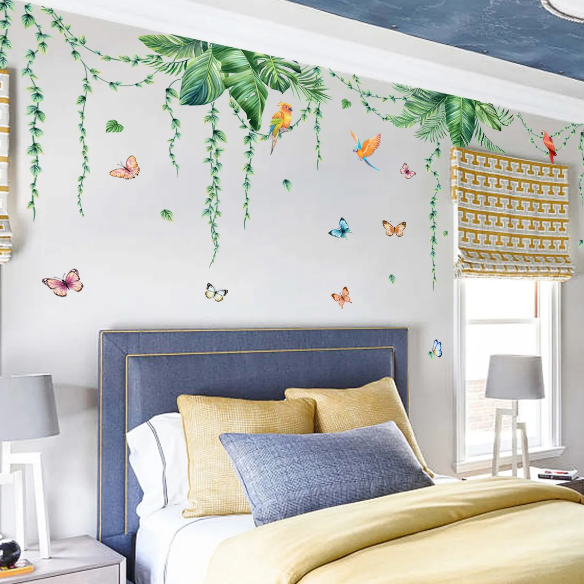 Creative green plant rattan banana leaf wall stickers Parrot butterfly living room bedroom background decoration wall stickers