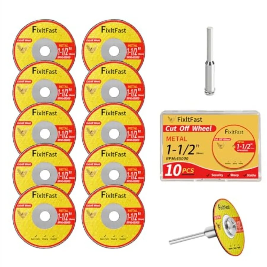 

1-1/2 Cut Off Wheels1.5" x 1/8" Fiberglass Reinforced Metal Cutting disc for Rotary Tool Accessories Include Mandrels- 11 Pack
