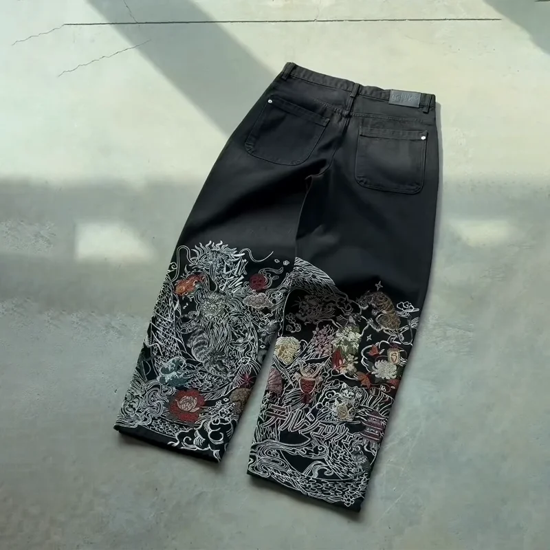 Y2K جينز فضفاض للرجال عتيق مطرز عالي الجودة من قماش الدنيم جينز على الطراز الأمريكي ملابس الشارع القوطية الهيب هوب بنطال ذو قصة أرجل واسعة #5