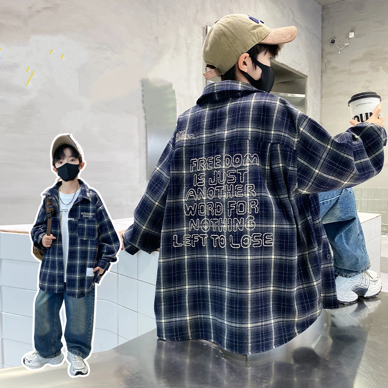 

Hot Sale Korean Style Children Long Sleeve Plaid Shirt for Teenage Boys Navy Color Letter Blouse Kids Casual Autumn Clothing Top