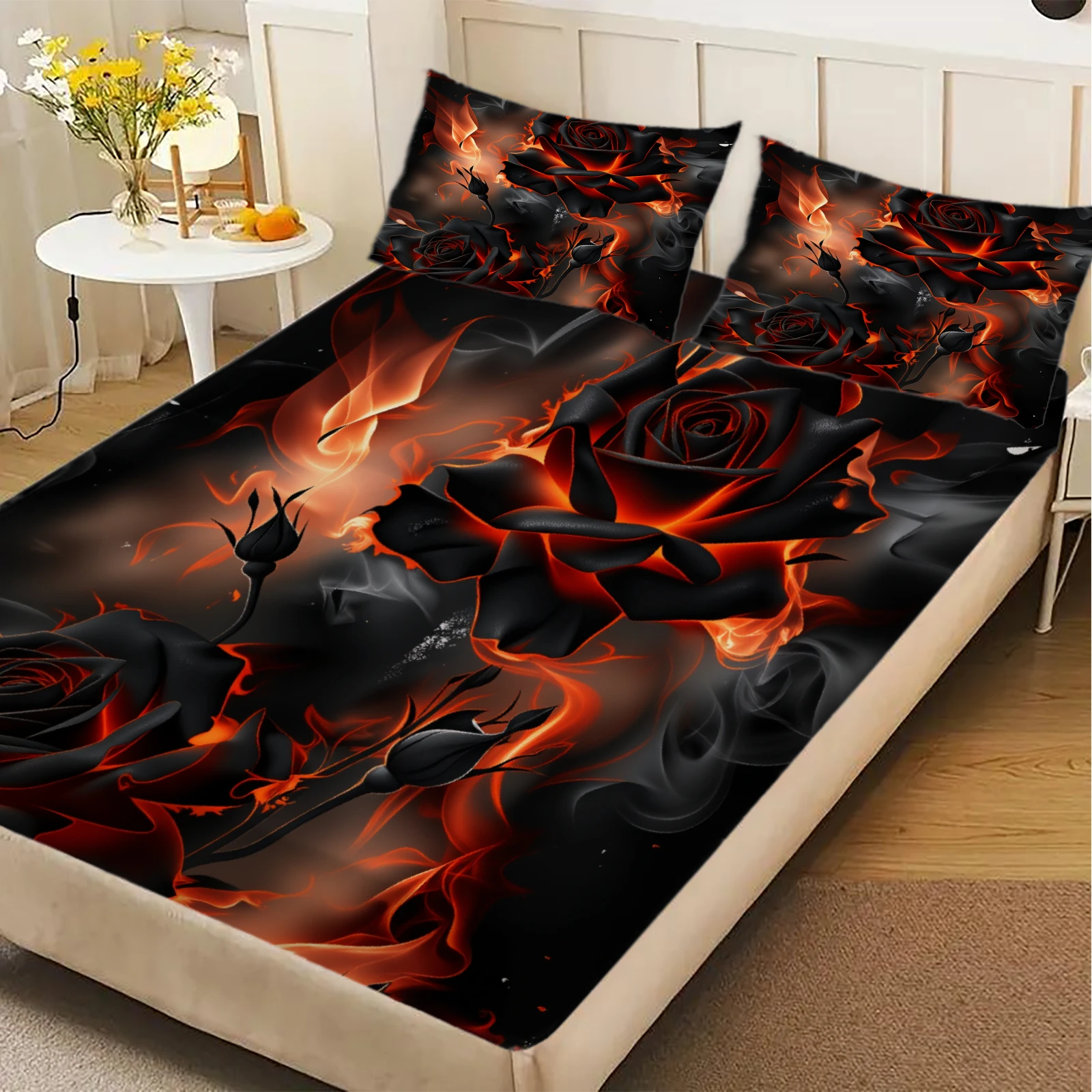 3pcs Fitted Sheet Set Black Rose Fire 3D Printed Floral Pattern Breathable Durable Bed Sheet With Pillowcases For Bedroom Decor