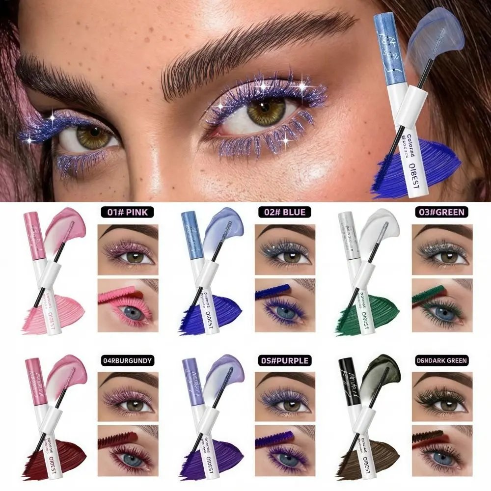 QIBEST Diamond Glitter Mascara Double Headed Pink Blue Red Colored Mascara Voluminous Long Lasting Waterproof Mascara Eyelashes