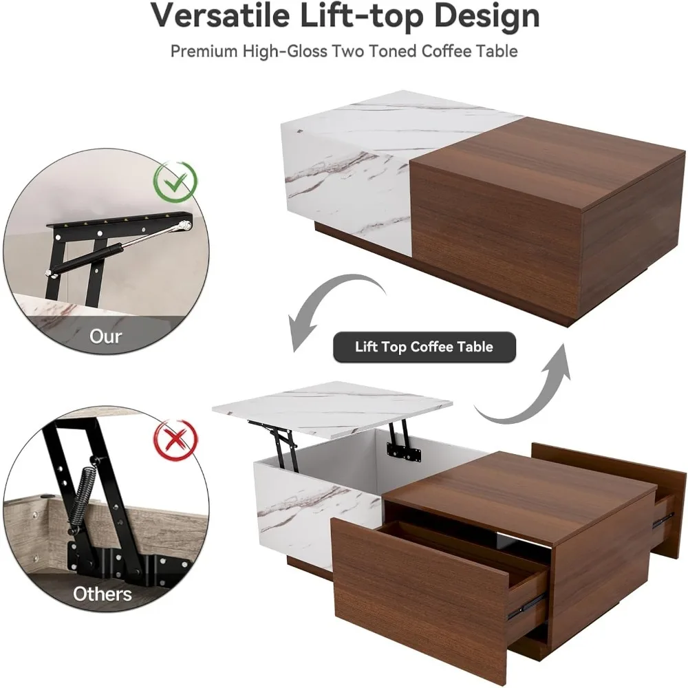 48 Inch LED Coffee Table with Storage Space, Lift Design, Drawers and Hidden Compartments, Modern Wooden Center Table