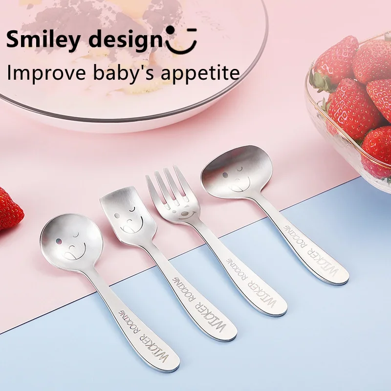 304 Stainless Steel Children Utensil Fork Knife Teaspoon Spoon Dinnerware Cutlery Smiley Cartoon Tableware Baby Feeding Set