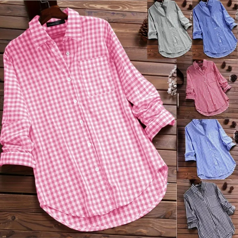 

Autumn Women's Clothing Loose Fit Plaid Button Up Long Sleeve Shirt For Woman Vintage Pocket Casual Blouse Polyester Fabric