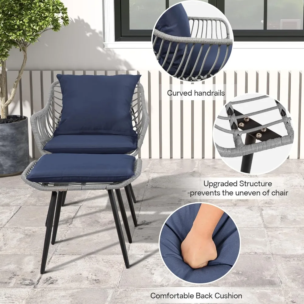 Conjunto de móveis para pátio externo de 5 peças, móveis de varanda de vime com otomanos, mesa de bistrô de vime e cadeiras, apoio para os pés