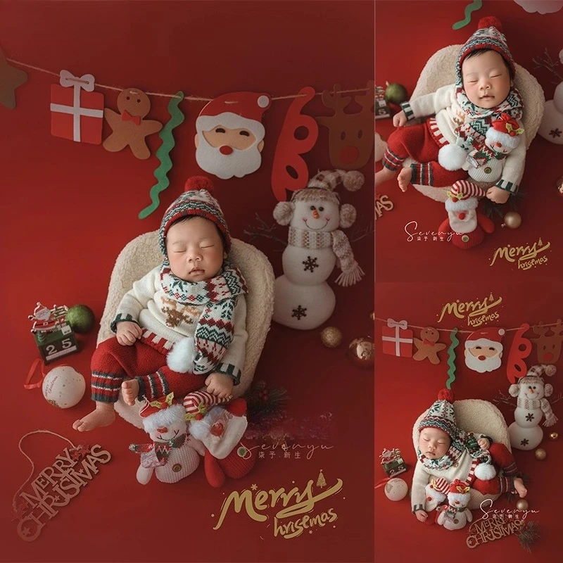 Newborn Photography Props Backdrop Christmas Knitted Outfit with Scarf X'mas Decors Accessories Set for Baby Studio Photoshoot