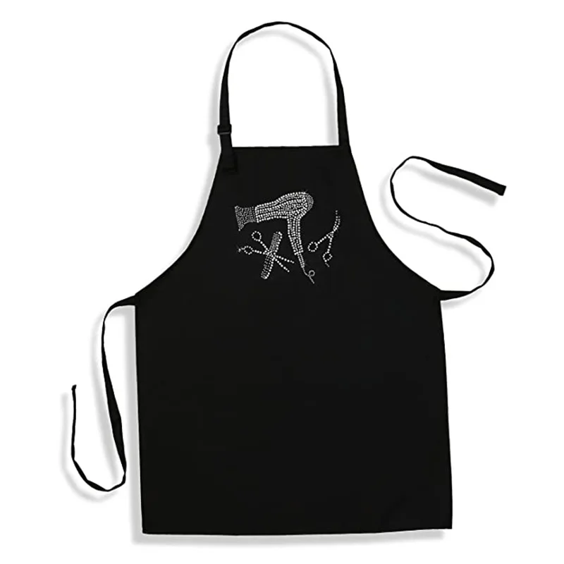 Modische, mit Logo bedruckte Haarschnitt-Schürze, Schwarz, 100 % Polyester, verstellbarer Hals, hängender Hals, ärmellose Schürze für Zuhause