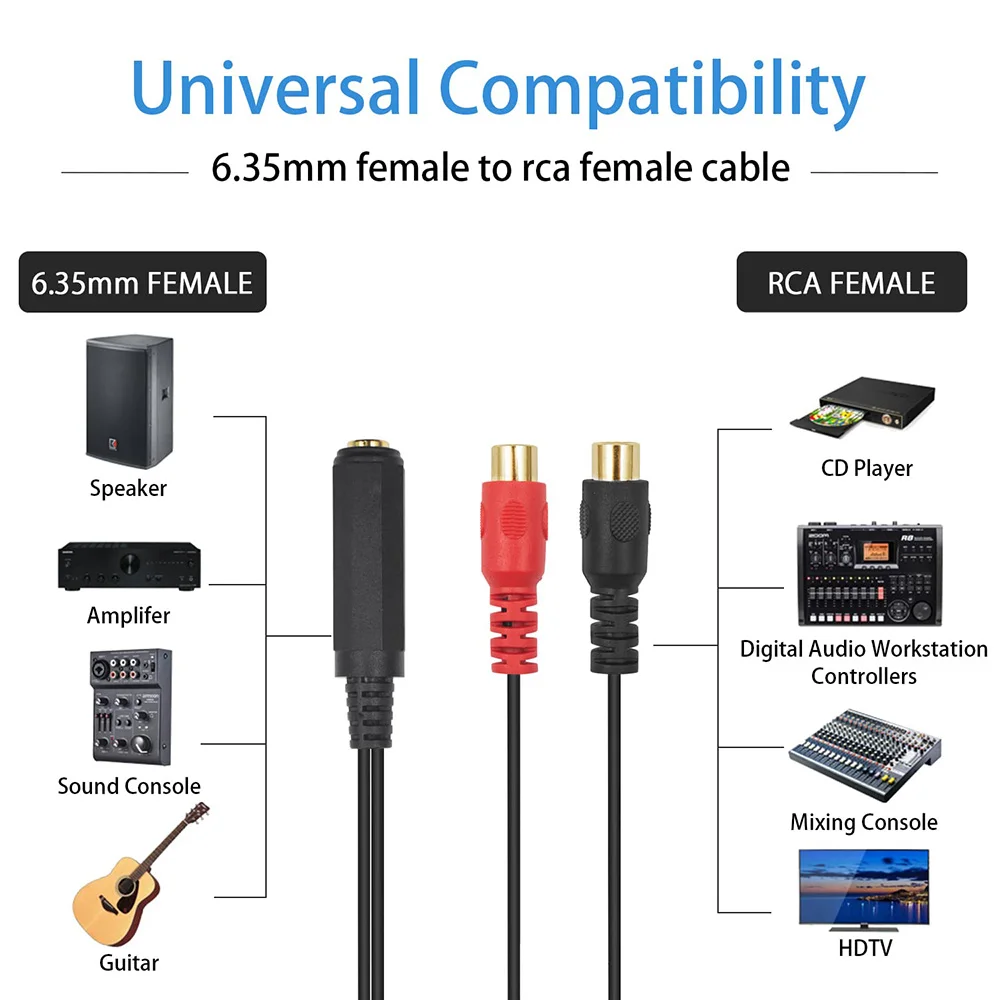 1pc 6.35mm 1/4 inch 1/4" TRS Stereo Audio Jack Female to Dual 2 RCA Phono Female Plug Y Splitter Adapter 6.35mm to 2 RCA Cable