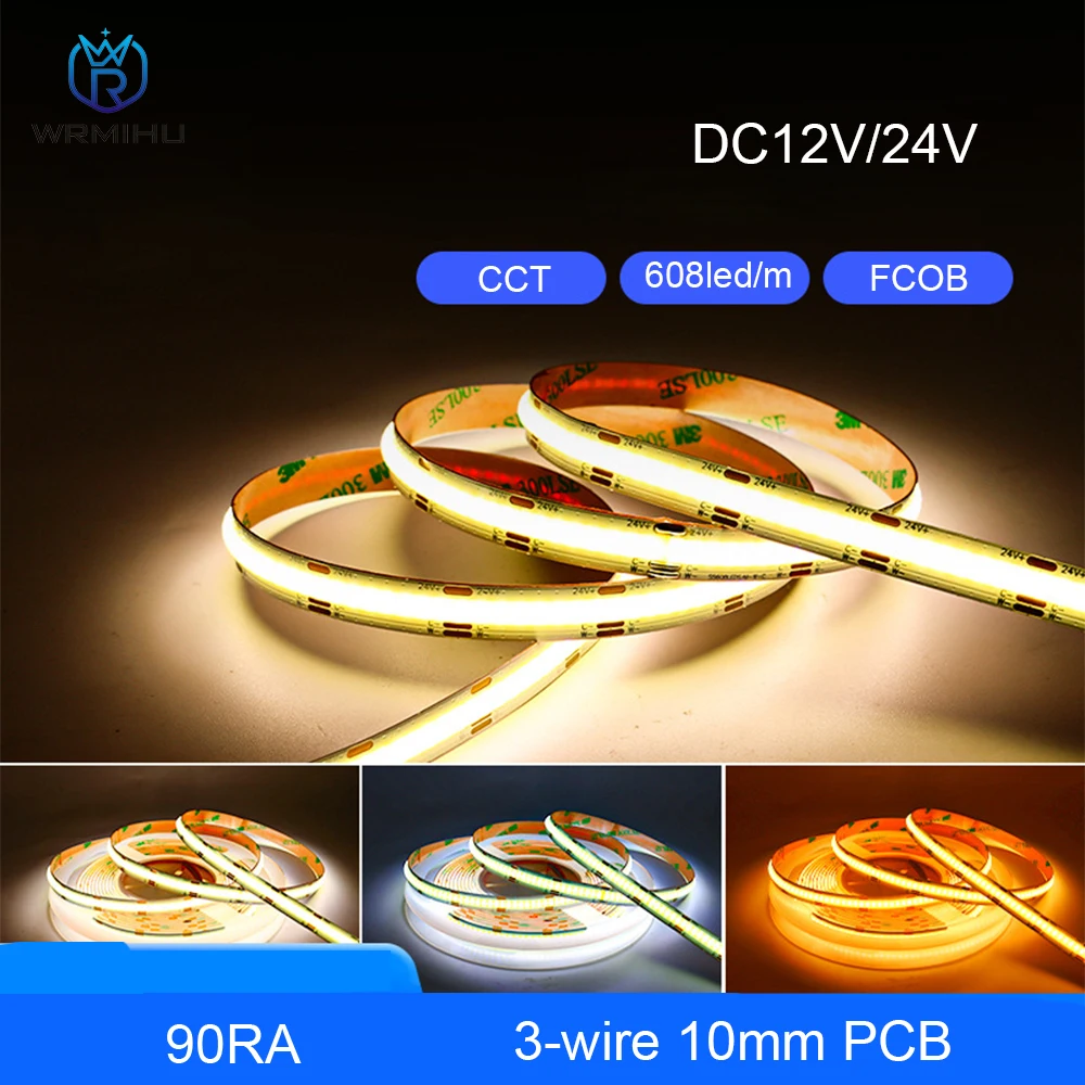 

DC12V/24V TUYA Music Rhythm Third Party Voice Control Flexible Non-Shadow 608Led/m 10mmPCB Double White 90RA COB FOB Strip Light