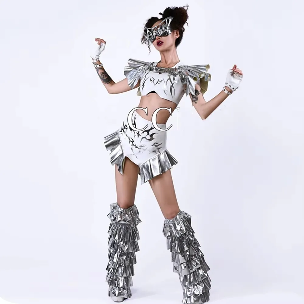 Women's Silver White Laser Cut Crop Top And Shorts Set Masquerade Drag Queen Singer Costume for Nightclub Bar Stage Performance