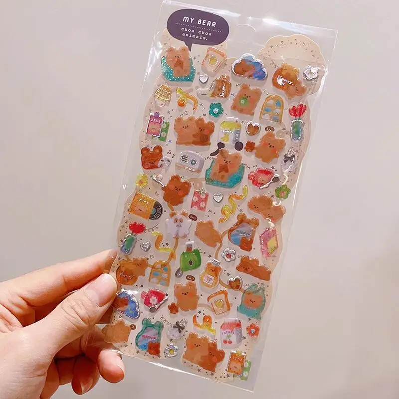 Kawaii Glittering Puppy Rabbit Bear Cat 3D Stickers Scrapbooking Diy Journal Cute Sticker Sheet Stationery Decor Aesthetic Gift