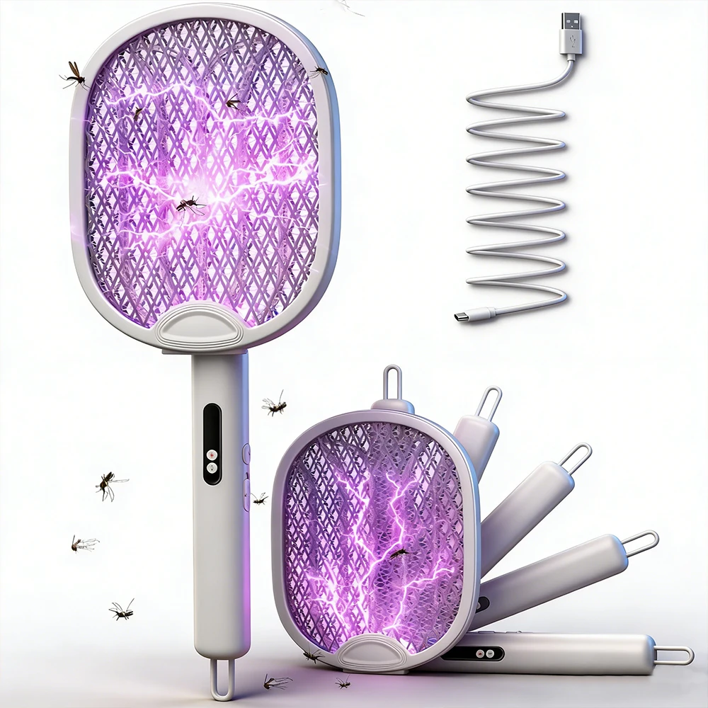 

Electric Fly Swatter 3 in 1 Bug Zapper Racket with 3000V 1800mah Battery 5-Layer Safety Mesh 180° Foldable for Indoor or Outdoor
