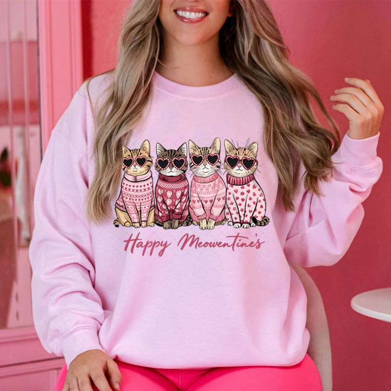 Happy Meowentine's Valentine Cat Print Sportwear Fashion Hoodie Hip Hop Street Ladies Pink Cat Autumn Clothing Hoodie for Women