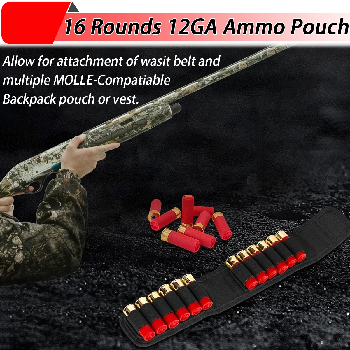 16 Rounds 12GA Shotgun Shell Holder MOLLE Tactical Ammo Pouch Waist Bandolier Shotshell Carrier for 12 16 20 Gauge